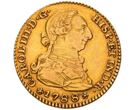 SPAIN. Gold 2 escudos, 1788 M. Carlos III. Reference: KM-417a, Cal-457Diameter: 22 mm.Weight: 6.77 g. (AGW=0.1905 oz.)Composi