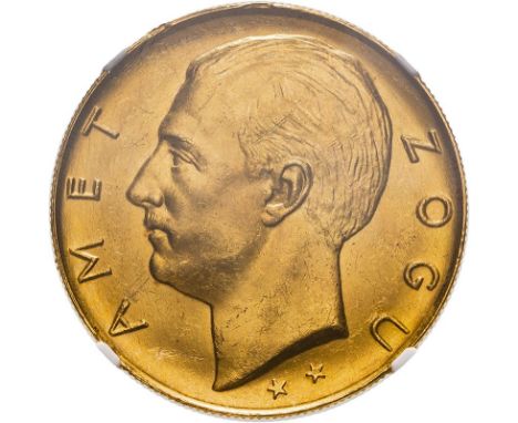 ALBANIA. First Republic, 1925-1928. Gold 100 franga ari, 1927. Rome. Biga chariot driver facing right, engraver name right, b