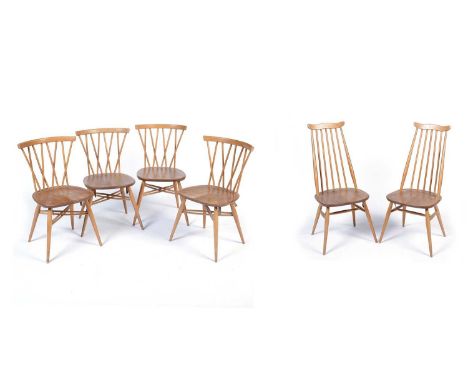 Ercol: four No. 376 Windsor latticed chairs, in beech and elm, 41 x 45 x 79cms high; and two No. 369 Goldsmith Windsor chairs