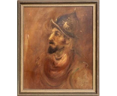 Antoni Sulek (1951-1988)Portrait of a Soldier; wearing morion and breastplate,signed and dated '71,oil on textured board,60 x