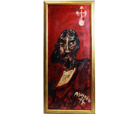 Antoni Sulek (1951-1988)Portrait in Red / General Anders,signed and dated '74,oil on board,120x 49cms, framed.