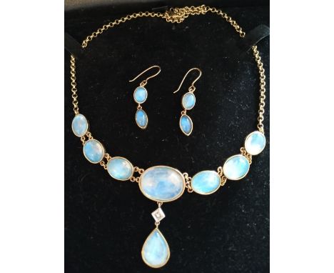 MOONSTONE &amp; DIAMOND NECKLACE &amp; EARRINGS the seven graduating moonstones and diamond atop a tear trop moonstone pendan