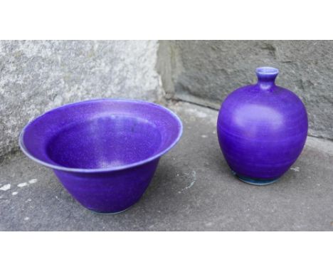 MARY RICH (b.1940) VASE &amp; A BOWL covered in a rich cobalt blue-glaze, impressed marks 12cm diam &amp; 10cm high 