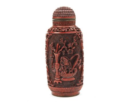 CINNABAR LACQUER AND GILT-METAL SNUFF BOTTLE LATE QING / REPUBLIC PERIOD with a apocryphal Qianlong seal mark&nbsp; 7cm high