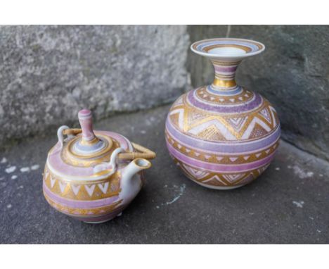 MARY RICH (b. 1940) TEAPOT &amp; A BLAUSTER VASE each with pale purple / lavender-glaze enriched with gilt, impressed marks 9