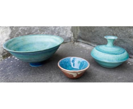 MARY RICH (b.1940) FOOTED BOWL &amp; A SMALL VASE each covered in a rich greenish blue glaze, impressed marks, 15cm diam &amp