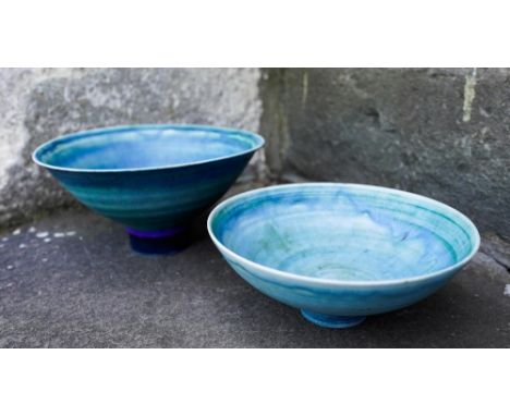 MARY RICH (b.1940) TWO LARGE FOOTED BOWLS each with mottled blue / green glaze, impressed mark 17cm &amp; 15cm diam 