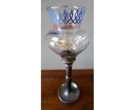 VICTORIAN METAL LAMP WITH PAINTED GLASS SHADE, and unusual adjustable hinged stem (41cm high) 