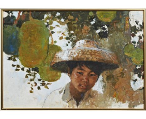 CHEN YANNING (CHINESE b.1945) BOY WITH FRUIT signed lower right', oil on canvas, framed 51cm high, 73cm wide  PROVENANCE: Pri