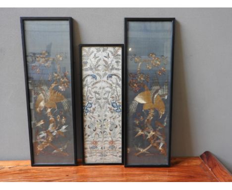 THREE ASIAN FRAMED TEXTILE PANELS 19TH / 20TH CENTURY 63cm high, 20cm deep &amp; 52cm high, 18cm wide (both including frame) 