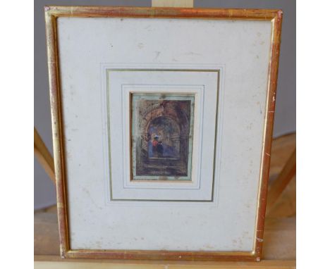 ATTRIBUTED TO RICHARD PARKES BONINGTON (1802-1828) FIGURE IN AN ARCHWAY watercolour on paper, framed 8.5cm high, 6cm wide  NO