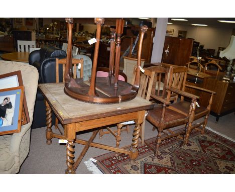 Five early 20th Century oak dining chairs, with blind fret backs, to include two carver chairs; together with a draw leaf din