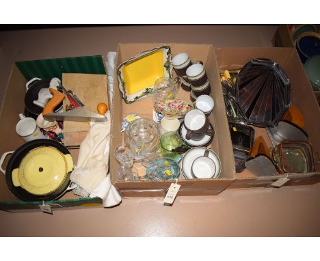 A square copper jardiniere with brass handles and feet; a chrome Art Deco style tray; silver plated cutlery; Hornsea cups and
