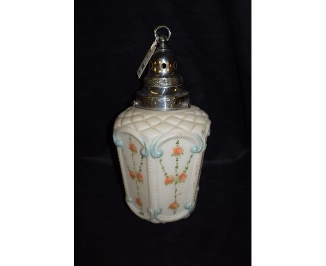 A mid 20th Century opaque glass light fitting, with rose decoration, chrome fitting to top.