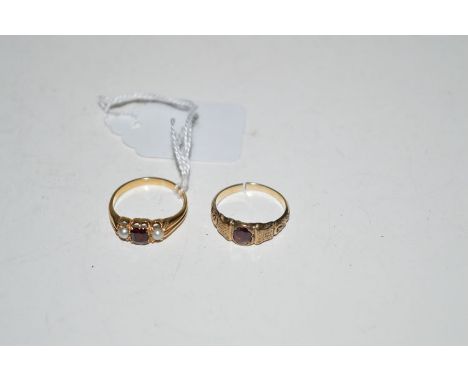 A garnet and half pearl ring in yellow metal shank, ring size O; together with a garnet ring (split).
