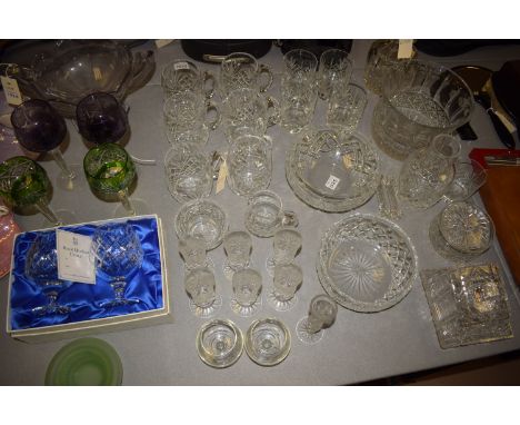 Miscellaneous glassware, to include: a decanter; a butter dish; circular bowls; tumblers; a pair of Royal Doulton crystal bra