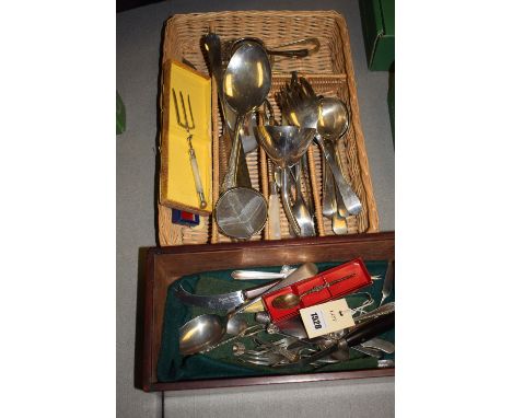 Plated metal flatware, to include: fish servers; sugar tongs; soup spoons; a wine funnel; a tea strainer; and a toasting fork