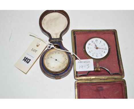 A pocket barometer in lacquered brass case, fitted leather out case; together with an early 20th Century travelling clock wit