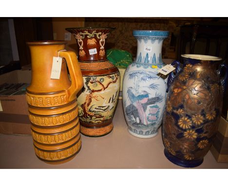 Three Asian ceramic vases; together with a West German jug.  (4)