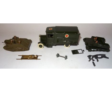 Britains set 1512, Army Ambulance dark green finish, white rubber tyres, with driver, stretcher and casualty (G-F, tyres repl