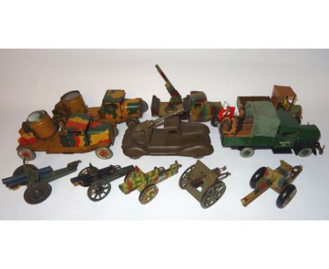 Wells Brimtoy two tinplate Searchlight Lorries with converted SA Lorry, three other tinplate lorries and five guns (G, much r