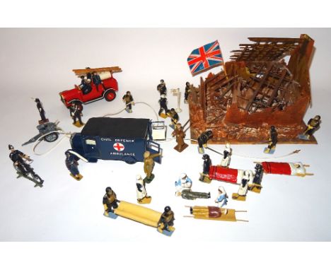 Blitzed Building with Dorset Fire Engine, Britains Ambulance repainted as Civil Defence, recast Taylor and Barrett Decontamin