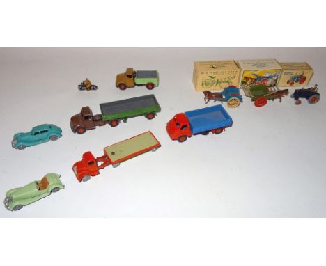  * Britains Lilliput Series Fordson Tractor, Tumbrel Cart and Milk Cart in original boxes,  Flatbed Articulated Lorry, SECOND