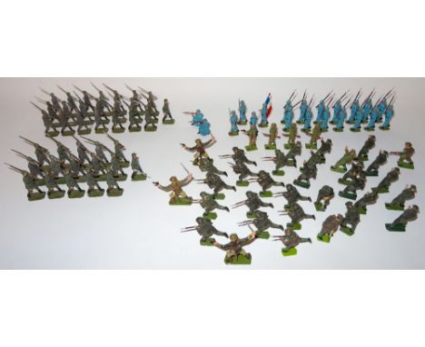 Britains First World War British Infantry in gas masks, twenty-three in original paint including two digging, thirteen repain