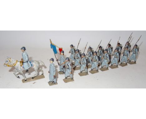 CBG Mignot First World War Infantry in steel helmets at the slope, with mounted officer, officer on foot, bugler and colours 