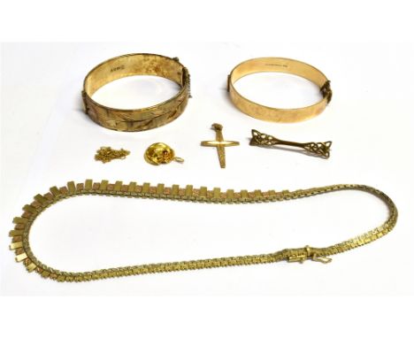 A COLLECTION OF JEWELLERY  comprising a 9ct gold crucifix pendant with engraved pattern, weight 1.5grams, a 9ct gold metal co