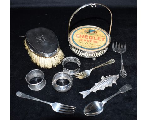 A COLLECTION OF SILVER AND EPNS  comprising a silver backed clothes brush with monogrammed initial, three silver napkin rings