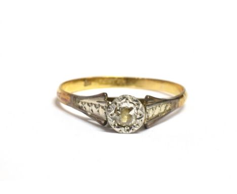 A RETRO ERA DIAMOND SOLITAIRE RING  the ring set with a small old cut diamond, set in white metal with white metal shoulders,