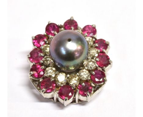 A DIAMOND, PINK SPINEL AND BLACK PEARL SINGLE CLIP ON EARRING the earring mounted in white metal with flower head design, the