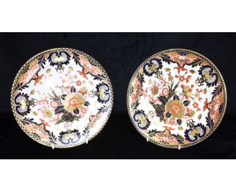 A PAIR OF ROYAL CROWN DERBY IMARI PALETTE PLATES  26cm diameter, impressed printed and painted marks verso, date code for 188