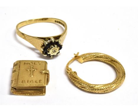 THREE PIECES OF 9CT GOLD JEWELLERY COMPRISING  A sapphire dress ring, size Q 1/2 - R, weight 2.8g, a single hoop earring, dia