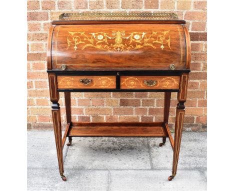 AN EDWARDIAN ROSEWOOD CYLINDER TOP LADIES BUREAU  with marquetry inlaid foliate decoration, brass three quarter gallery over 