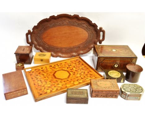 A COLLECTION OF BOXES AND TREEN  including Victorian parquetry inlaid workbox with mother of pearl decoration, 28cm wide; par