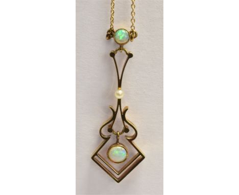 A 15CT GOLD, OPAL SET ART NOUVEAU PENDANT DROP NECKLACE  the integral necklace set with an openwork pendant (length 3.7cm) wi