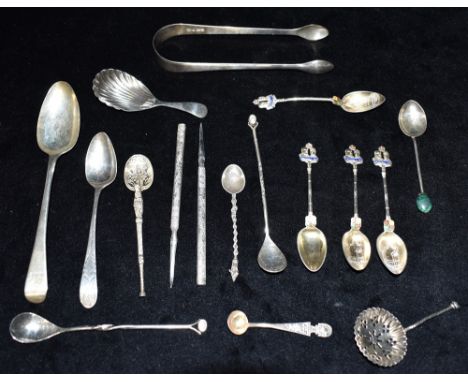 A COLLECTION OF SILVER AND EPNS  comprising silver tongs, silver spoons to include a Georgian silver bright cut tea spoon, a 