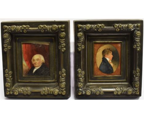19TH CENTURY ENGLISH SCHOOL  Two portrait miniatures Oil on metal panel and watercolour on oval paper Uniformly framed in emb