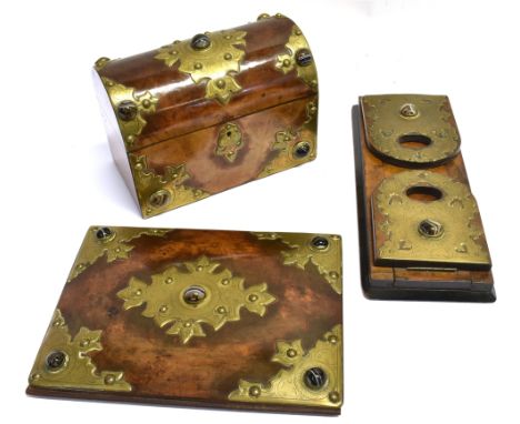 A VICTORIAN BRASS MOUNTED WALNUT DOME TOP CASKET  inset with seven cabochon cut banded agate roundels, 23.5cm wide 13cm deep 