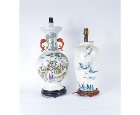 A Chinese famille verte vase 20th Century converted to a table lamp and one other crackleware vase converted to a lamp