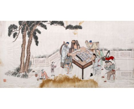 Chinese School 19th Century a study on silk of scholars around a table playing Mahjong, signed with red seal, 44cm x 88cm