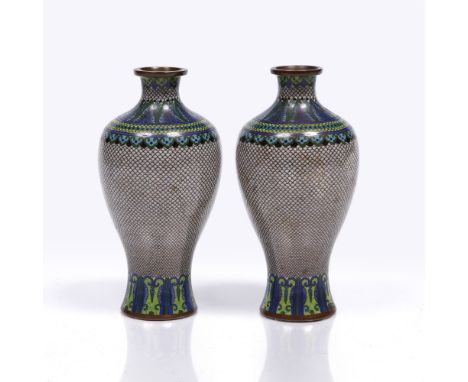 A pair of Chinese cloisonne vases circa 1930 each with fish scale design and ruyi and palmette border, 17cm