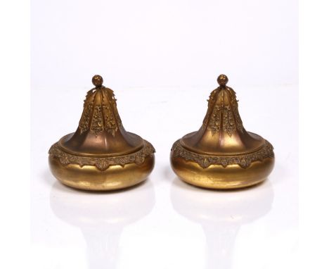 A pair of Ottoman gilt metal filigree boxes and covers late 19th Century the covers in the form of towers each with a circula