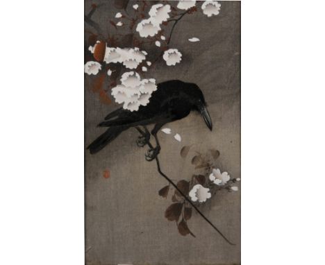 Koson Ohara (Japanese, 1877-1945) Crow and cherry blossom, originally pre 1923 woodblock, 34cm x 18cm together with a further