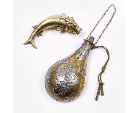 An Islamic brass powder flask decorated with engraved white metal depicting birds, 17cm across, together with a smaller India