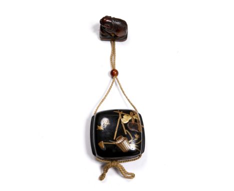 A Japanese single case roiro inro 19th Century decorated in gold takamakiye, hiramakiye and kinji with chidori roosting and f