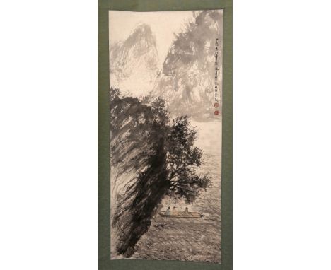 Chinese School 20th Century (possibly Fu Baoshi, 1904-1965) Three men in a boat, ink hanging scroll, bears signature, dated, 