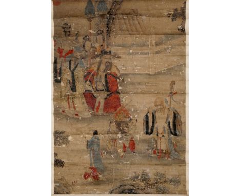 A Chinese scroll 19th Century two Immortals and attendant figures in a landscape